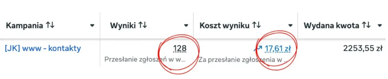 Wyniki kampanii: 128 przesłanych zgłoszeń przy koszcie wyniku 17,61 zł