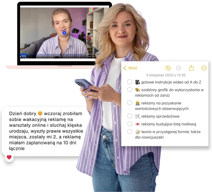 Ada Promis z telefonem obok laptopa z lekcją Adsy&Chill i listą materiałów