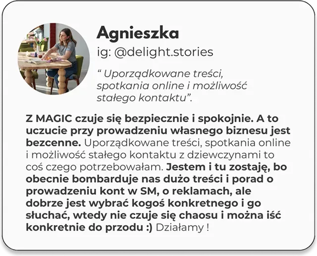 Opinia Agnieszki: uporządkowane treści, spotkania online i możliwość stałego kontaktu
