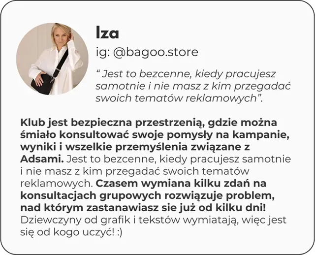 Opinia Izy: bezcenne, kiedy pracujesz samotnie i nie masz z kim przegadać tematów reklamowych